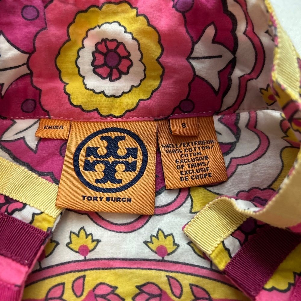 Tory Burch Pink Yellow Floral Print Long-sleeve Tunic Blouse 8 Cotton Bohemian - Picture 2 of 6